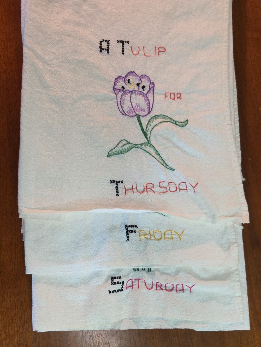 Vintage Flour Sack Kitchen Towels Days Of Week Embroidered Floral Set Of 6